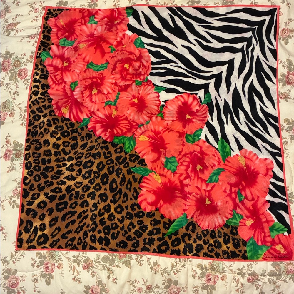 Oscar de la Renta Floral, Zebra & Leopard Print Square Scarf - Bright Coral